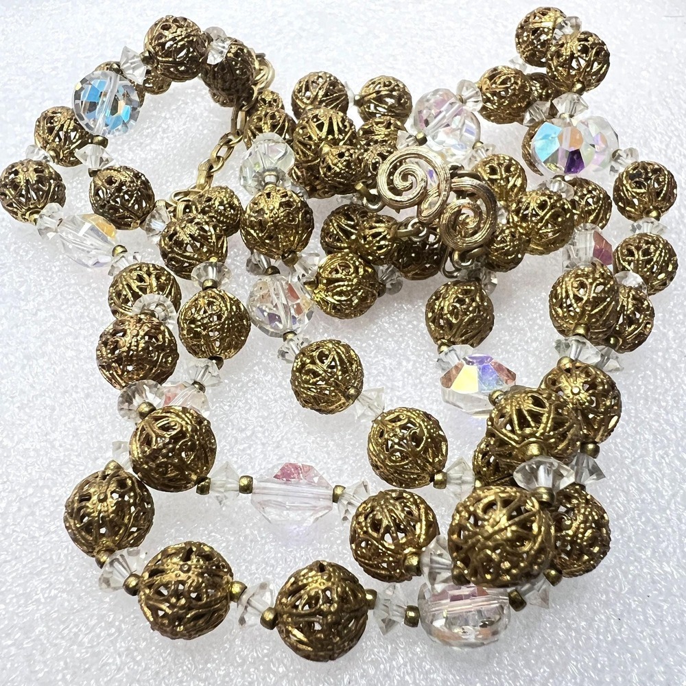 Vintage Lisner Filigree and AB Beaded Necklace 3 Strand‎ 16 to 18" Statement